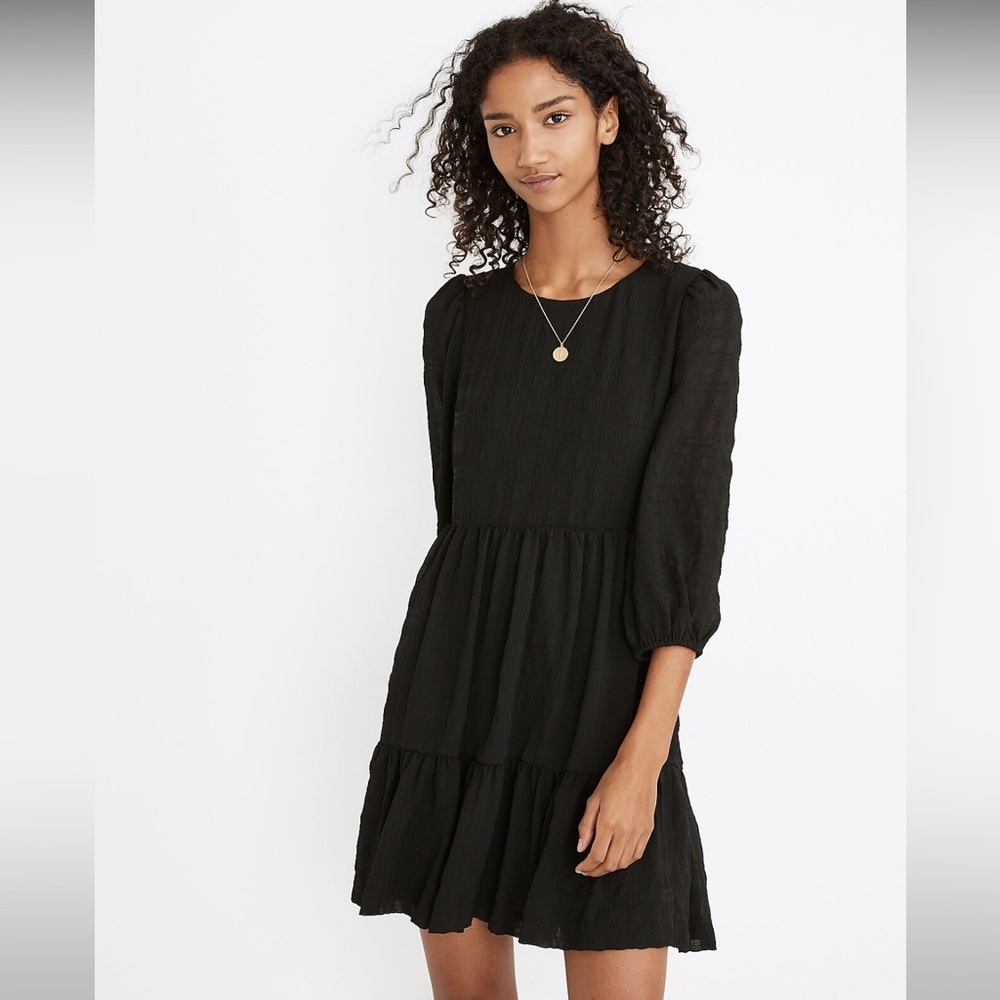 Madewell Puff-Sleeve Ruffle-Hem Mini Dress in Black
